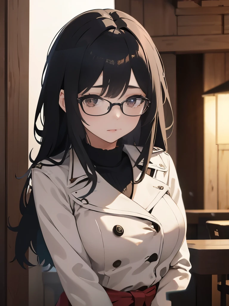(1girl:1.3), Masterpiece, Best quality, amazing beauty, 4K, absurdres, finely detail, super detailed eye, perfect anatomy, official art, cinematic lighting, BREAK, restaurant, Shrine/Temple, two side up, black hair, super shiny detailed brown eyes, Looking at Viewer(camera), glasses, embarrassed, BREAK , big breasts, Bold composition, BREAK , (Pea Coat:1.2), BREAK,()