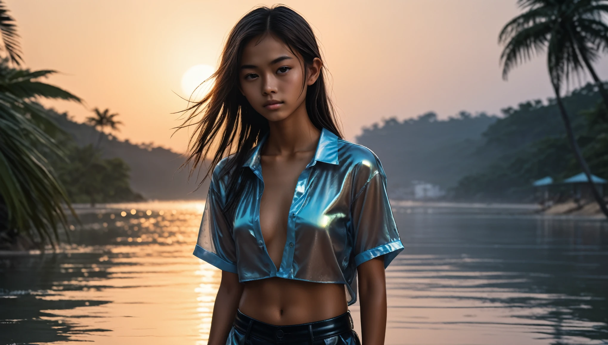 8k, high resolution, masterpiece, ultra-detailed, (ager, 15 Yrely legal, tanned skin), (sheer oversized blouse, plain, short, wide neckline, deep neckline, random color, shiny boxers), (cozy cabana, shiny silky sheets, outdoor), (tropical ressort after a swim, wet), (small breasts, small hips, detailed face, long ponytail hair, tattoos, very thin leather collar), at night, full body shot, view from distance, random pose