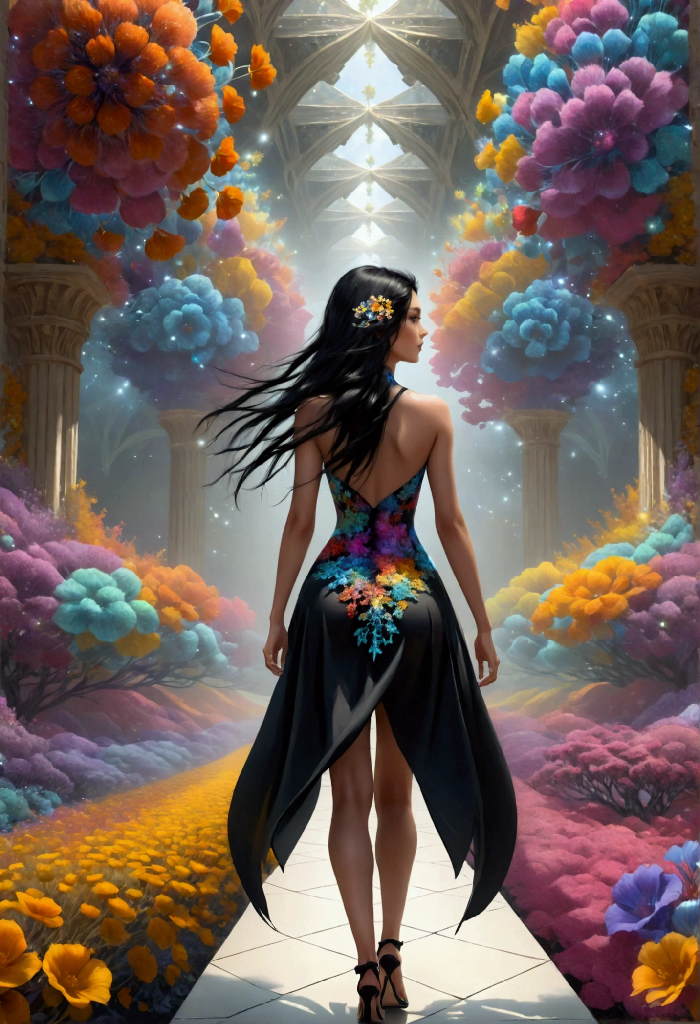 (Fashion Model:1.3), walk the runway, 1girl, solo, black hair, very long hair spread out, flowers, (fractal art:1.3), colorful, wide shot, cinematic lighting, photorealistic, best quality, high quality, ultra high res, hyper detailed, absurdres, absolutely resolution, detailed details, cinematic landscape, cinematic lighting, (ultra wide angle:1.3), beautifully, aesthetic, Walking toward us, Audience looking up the runway,