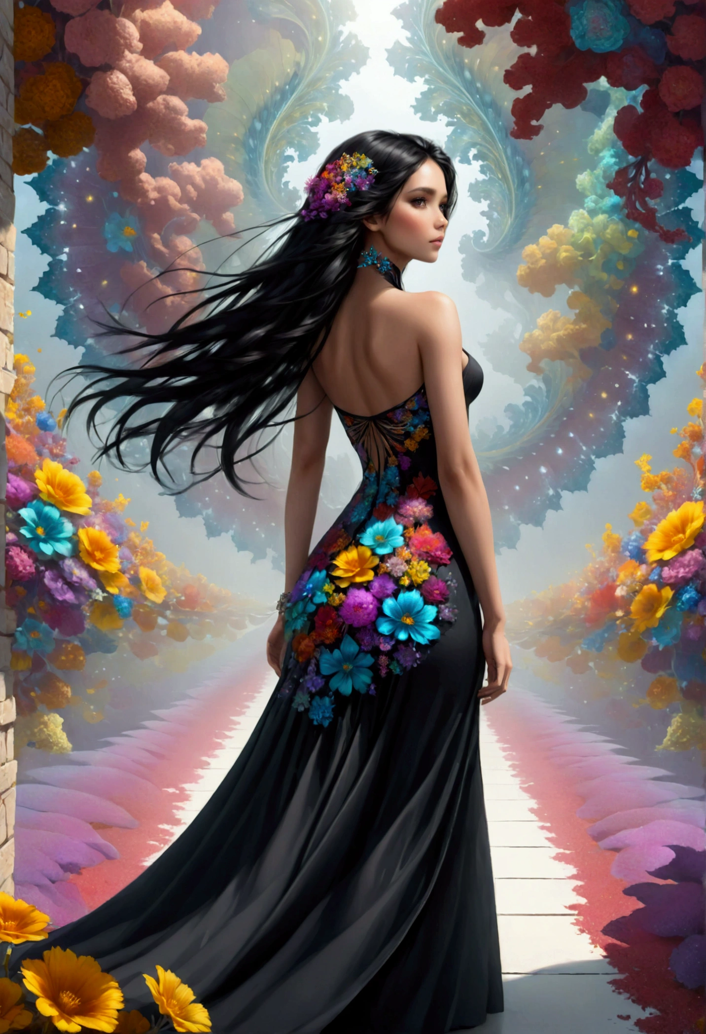 (Fashion Model:1.3), walk the runway, 1girl, solo, black hair, very long hair spread out, flowers, (fractal art:1.3), colorful, wide shot, cinematic lighting, photorealistic, best quality, high quality, ultra high res, hyper detailed, absurdres, absolutely resolution, detailed details, cinematic landscape, cinematic lighting, (ultra wide angle:1.3), beautifully, aesthetic, Walking toward us, Audience looking up the runway,
