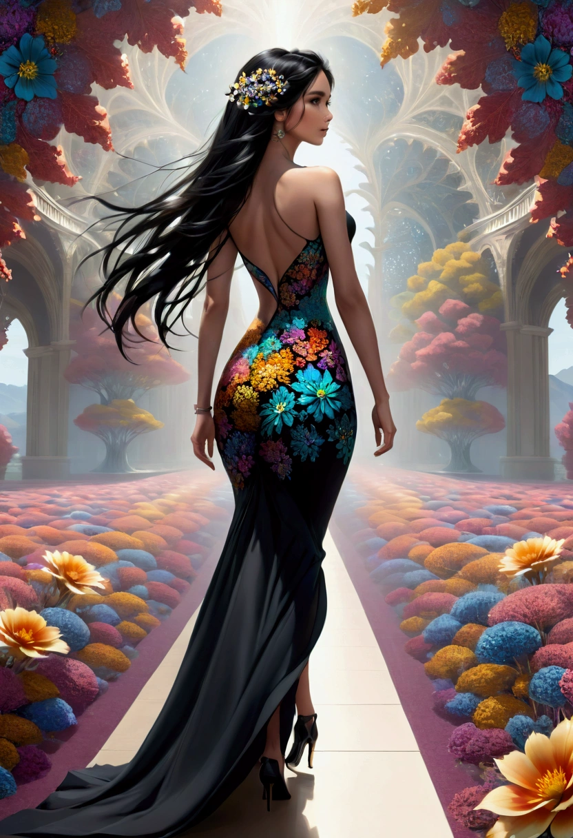 (Fashion Model:1.3), walk the runway, 1girl, solo, black hair, very long hair spread out, flowers, (fractal art:1.3), colorful, wide shot, cinematic lighting, photorealistic, best quality, high quality, ultra high res, hyper detailed, absurdres, absolutely resolution, detailed details, cinematic landscape, cinematic lighting, (ultra wide angle:1.3), beautifully, aesthetic, Walking toward us, Audience looking up the runway,