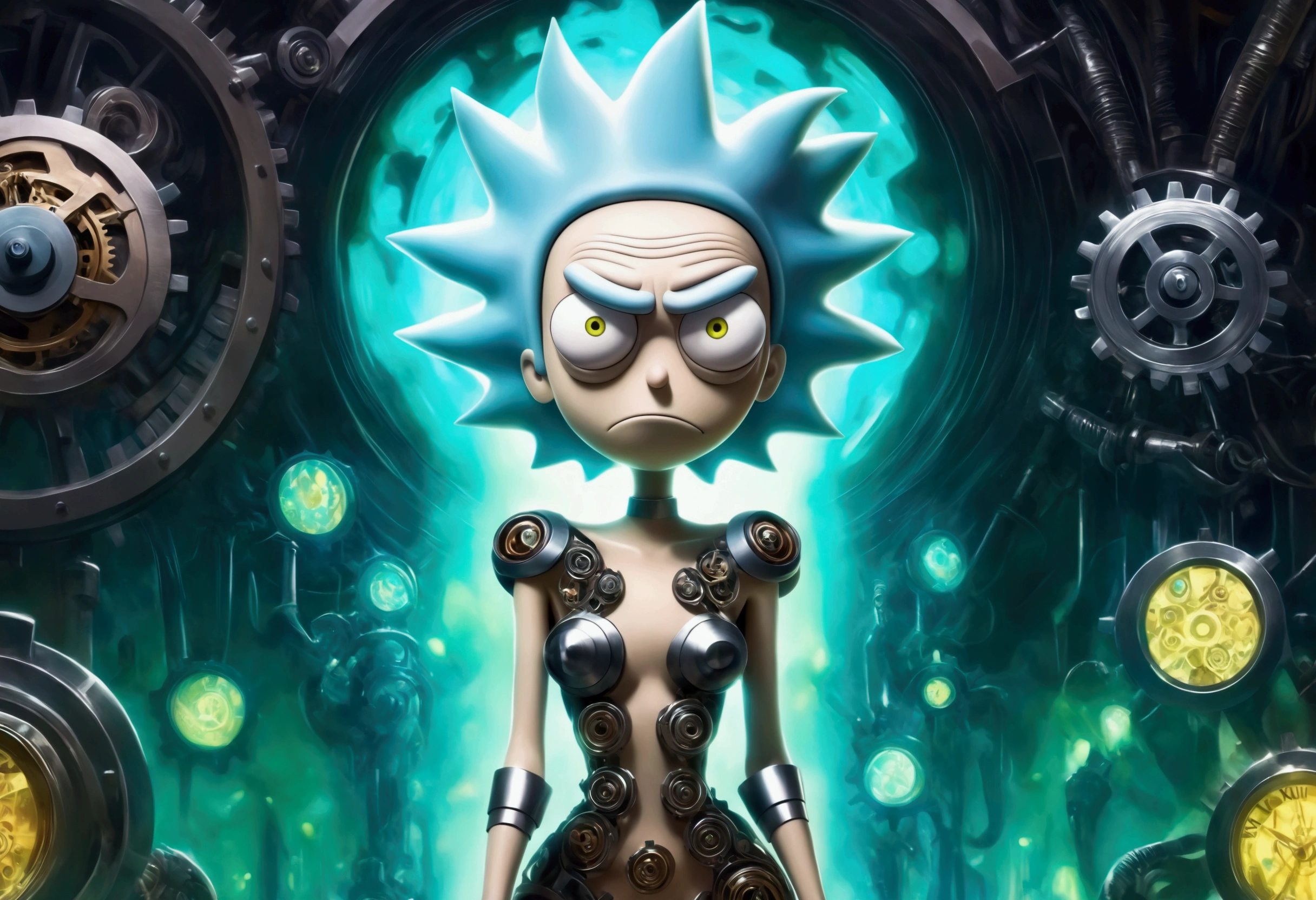 RICK AND mORTY'S, Rick, is watching a fashion show in a world of clockwork people. Cute clockwork woman (age 25, high heels, sexy dress, semi transparent skin showing her gears) show her from head to toe
