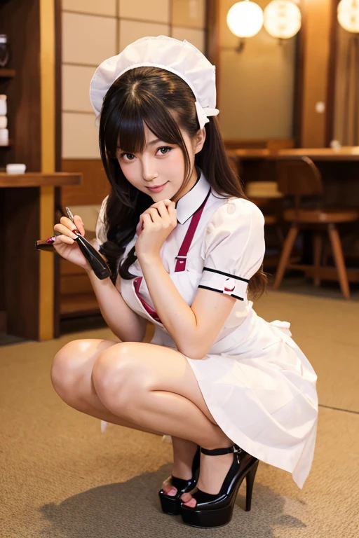 Japanese woman working at a maid cafe, 22 years old, high heels, fluttery maid outfit, glossy lip gloss, squatting pose