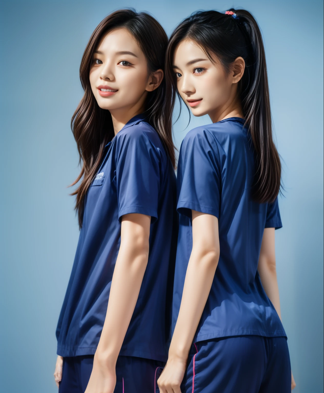 (best quality,10,10,height,Masterpiece:1.2),Special details,(realistic,ภาพrealistic,Realistic photos:1.37),1 Cute girl in the kitchen,shiny, ผิวshiny,only,smile softly,BDclothelue shirt:1.3)),short sleeve,shirt, กางเกงขาlong.,(navy_long_track pants:1.1), ((Kitchen Background)),Dynamic angle,excited,Face focus,dynamic poses,from behind,focus on ass,Masterpiece, best quality, ultra realistic, hyper detail, 8k resolution, raw photos, Sharp focus, ((Navy blue shirt:1.1)), short sleeve, เส้นทางlong, perfect body, 2 mature women, 18 years old, Cinema-grade lighting system,blue sweatpants,shirtผ้าออกกำลังกาย,correct anatomy,perfect body, correct body, Sharp face, correct bodyทางกายวิภาค, full body, realistic gestures, long-haired, realistic poses,Wear long shorts...........................,ช่วงขาlong,Good shape,carved girl, Slender figure, model, Good shape, beautiful body,blue sweatpants, two girls kissing