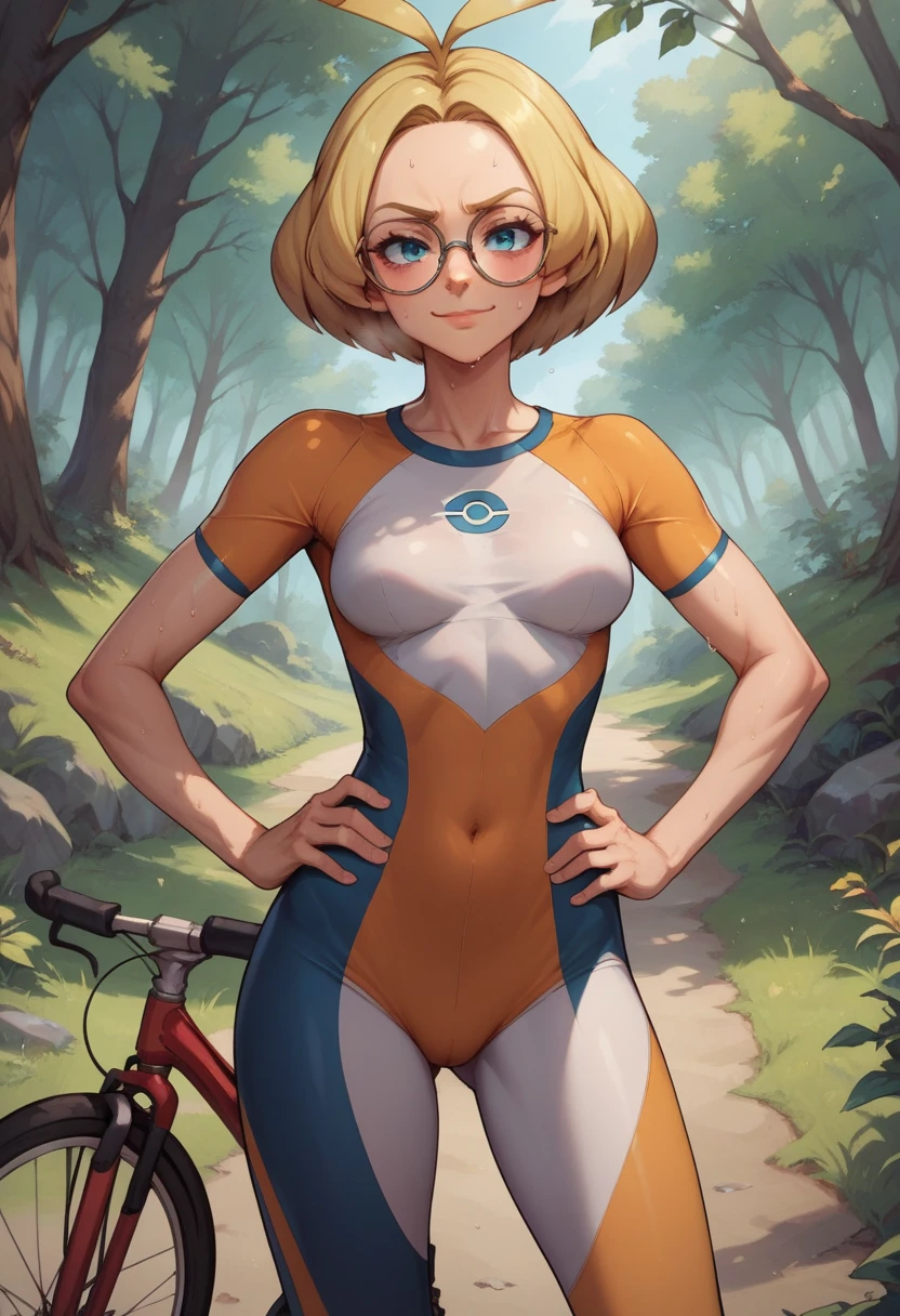 score_9, score_8_up, score_7_up, score_6_up, BREAK Bianca from pokemon, wearing bicycle outfit, medium breasts, seductive smirk, hands holding own hips, sweating, in a forest, blonde hair, glasses