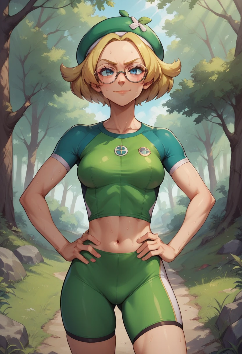 score_9, score_8_up, score_7_up, score_6_up, BREAK Bianca from pokemon, wearing bicycle outfit, medium breasts, seductive smirk, hands holding own hips, sweating, in a forest, blonde hair, glasses
