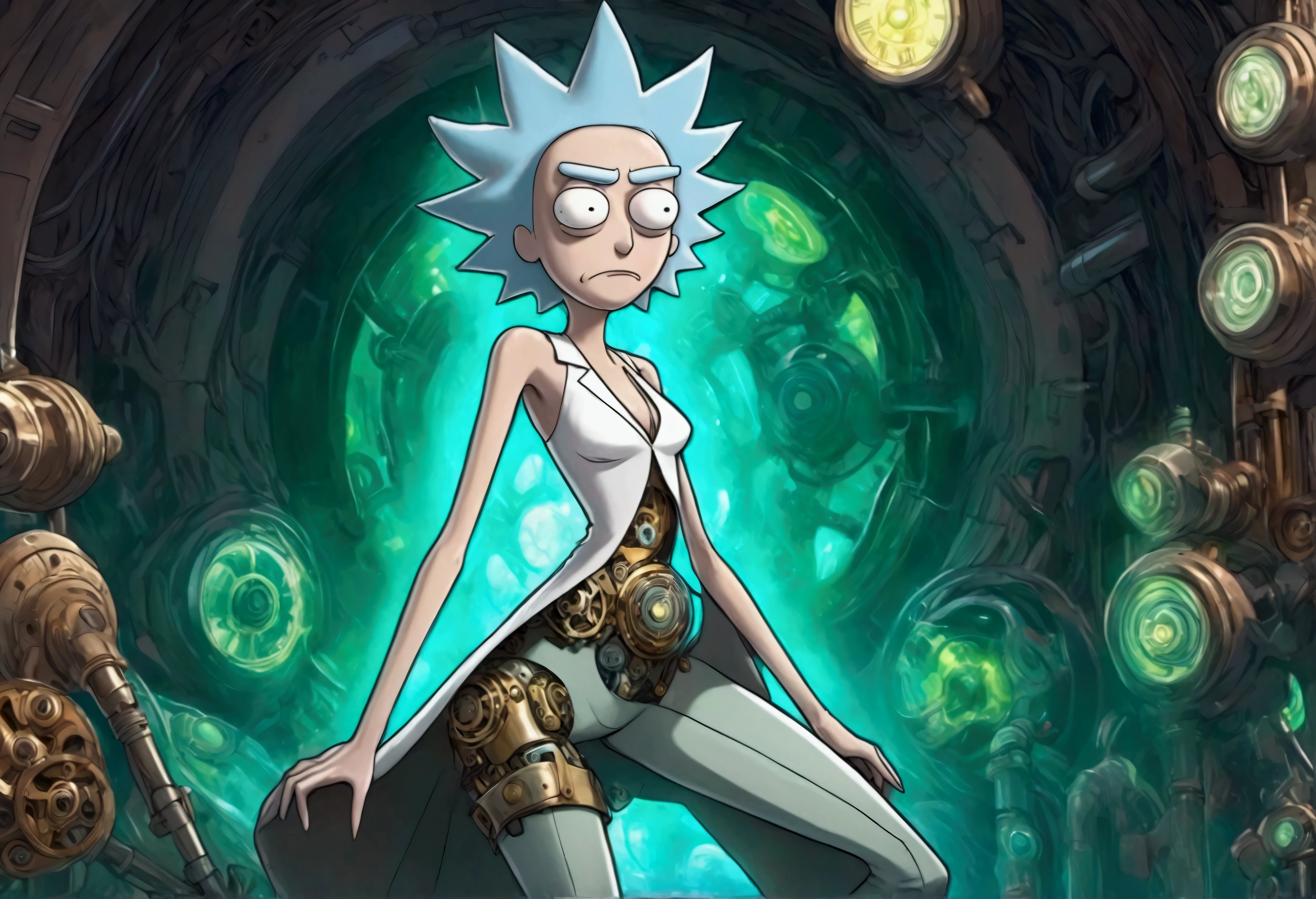 RICK AND mORTY'S, Rick, is watching a fashion show in a world of clockwork people. Cute clockwork woman (age 25, high heels, sexy dress, semi transparent skin showing her gears) show her from head to toe
