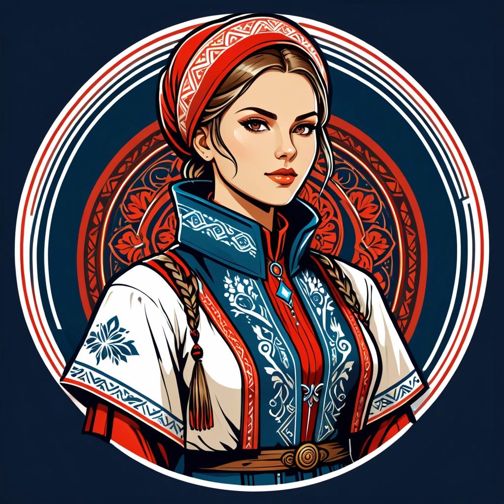 female netrunner in russian folk outfit ,vector graphics, strong contours, logo design