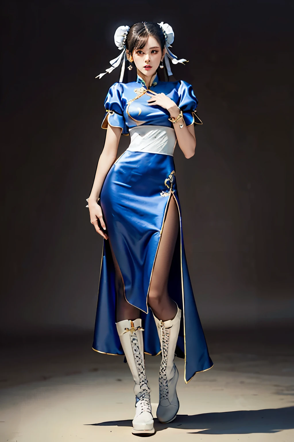 (RAW shooting, Photoreal:1.5, 8k, highest quality, masterpiece, ultra high resolution), perfect dynamic composition:1.2, Highly detailed skin and facial textures:1.2, chunli:1, beautiful and aesthetic:1.2, sexy beauty, perfect style, belief, Strong-willed, revenge, Fair skin, very beautiful face, (wearing a sexy china dress:1.2), (beautiful eyes, Eyes that feel beautiful eros:1.0), (Too erotic:0.9, Bewitching:0.9), (full body photo:1.4), (perfect limbs:1.2), (perfect fingers:1.2),(Bun head,bun cover,boots, bracelet, brown pantyhose, chinese clothes, cross-laced footwear, dress, gold trim, jewelry, pantyhose, pelvic curtain, puffy sleeves, sash, short sleeves, side slit, spiked bracelet, spikes and white footwear,large breast:2,chest gap),(simple background:1.4),(knees together),(standing:1.4),
