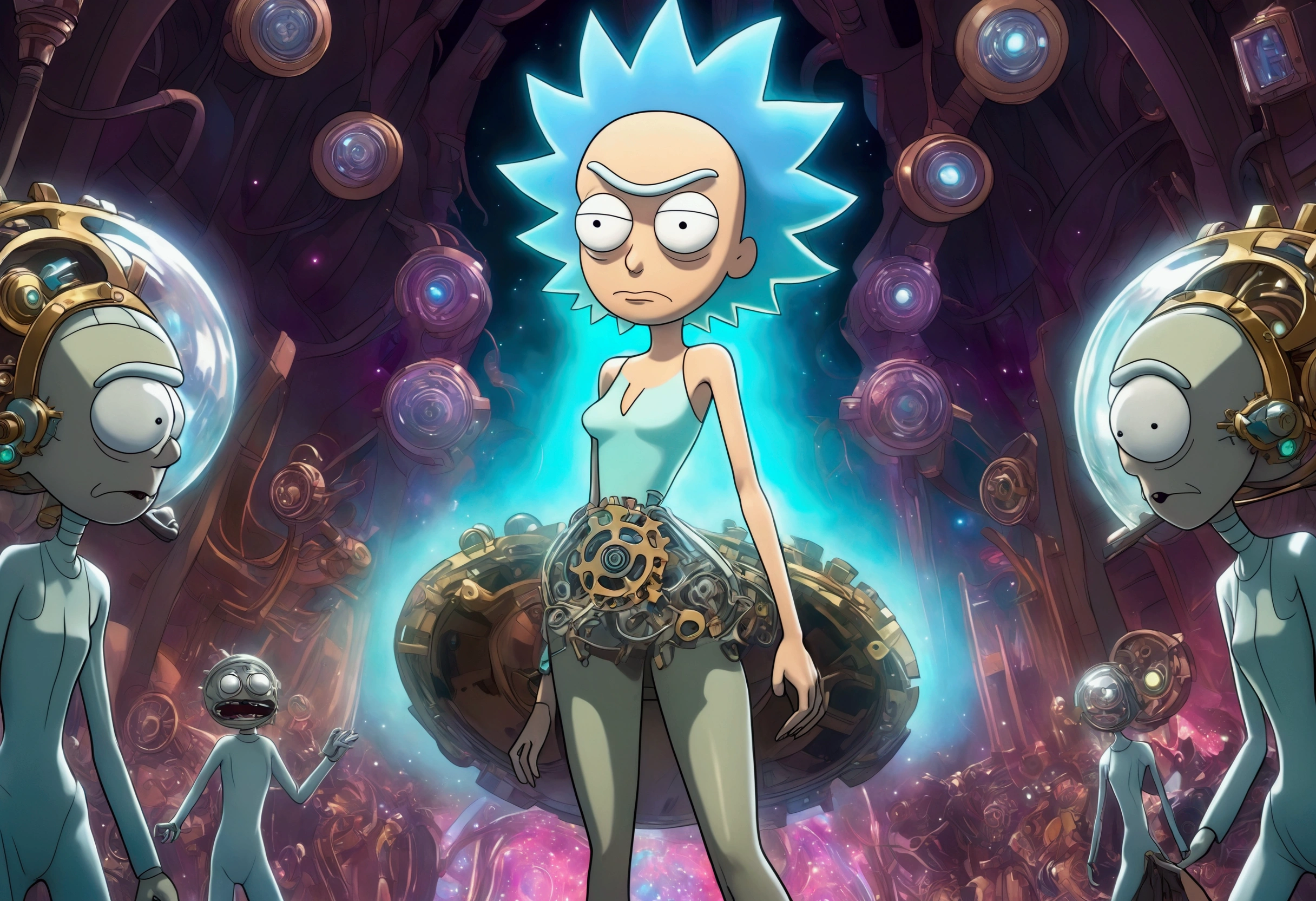 RICK AND mORTY'S, Rick, is watching a fashion show in a world of clockwork people. Cute clockwork woman (age 25, high heels, sexy dress, semi transparent skin showing her gears) show her from head to toe