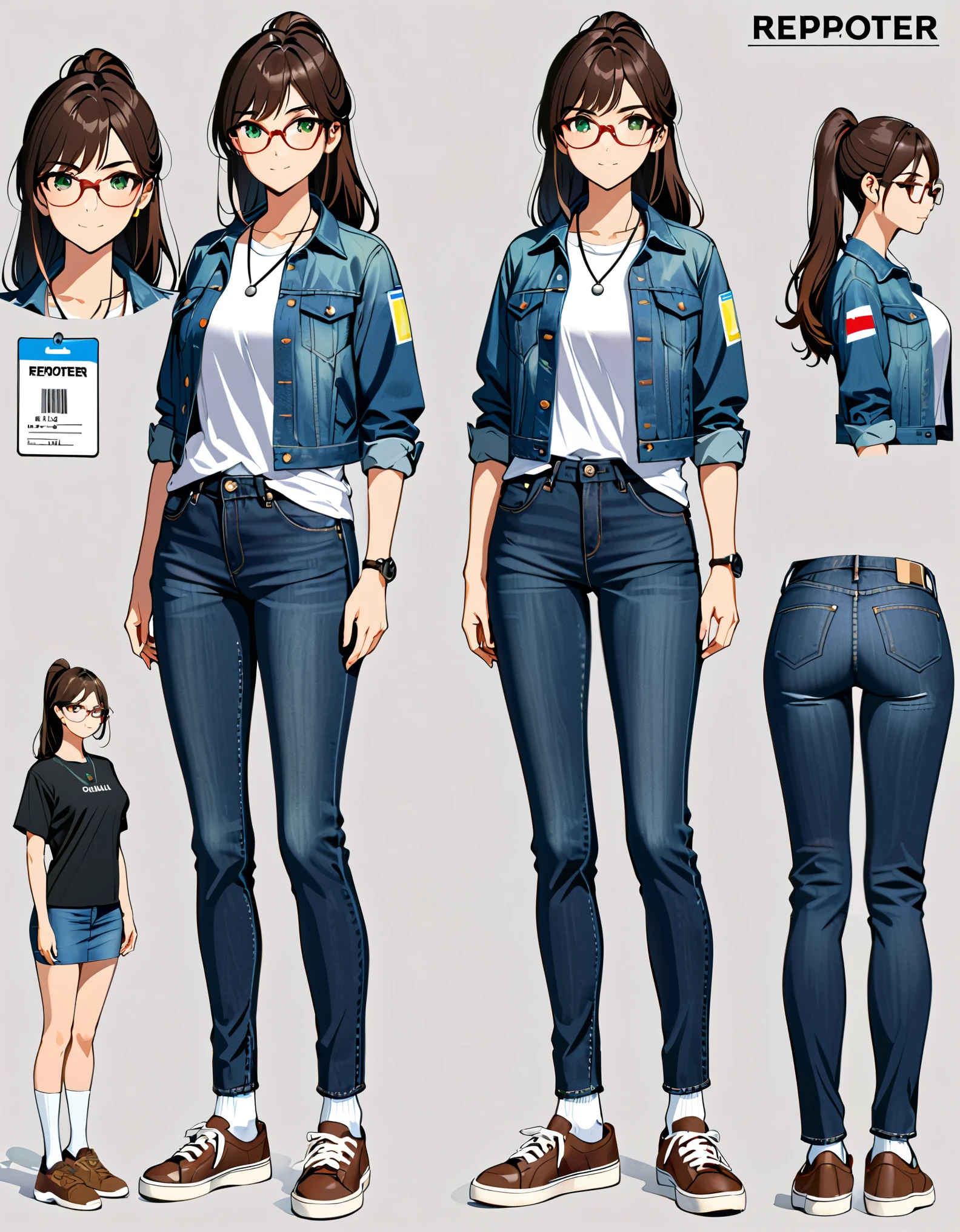 (masterpiece), (best quality), (high res), 1lady, tall body, beautiful detailed eyes, beautiful detailed face, glasses, confident look, perfect hands, complete fingers, perfect anatomy, perfect proportions, (jet black hair, medium hair, hair down), ((ponytail)), (green eyes), ((denim jacket, reporter's id card necklace)), (white t-shirt), ((blue jeans)), ((white socks, shoes, matching shoes, brown sneakers)), breasts, medium breasts, solo, solo focus, standing. Simple background, Multiple Views, Character Sheet Full-Length.