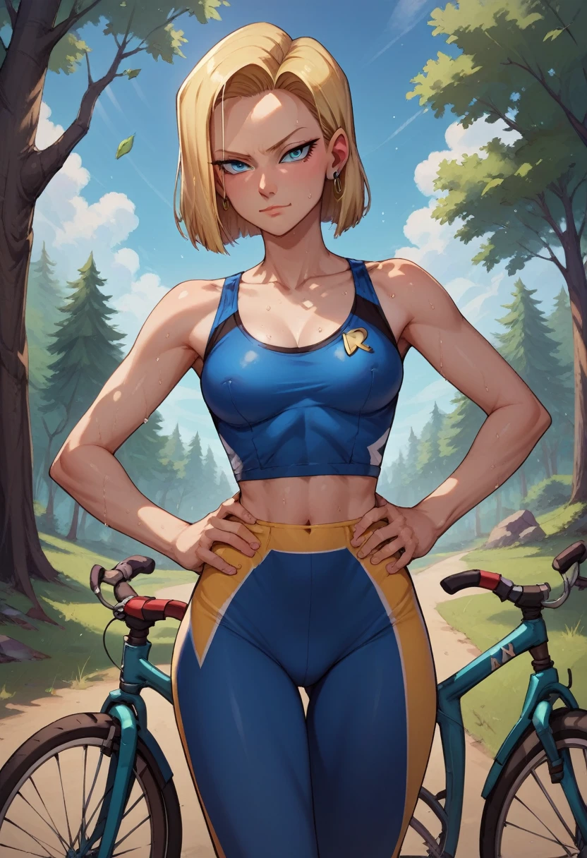 score_9, score_8_up, score_7_up, score_6_up, BREAK Android 18, wearing bicycle outfit, medium breasts, seductive smirk, hands holding own hips, sweating, in a forest,blonde hair,