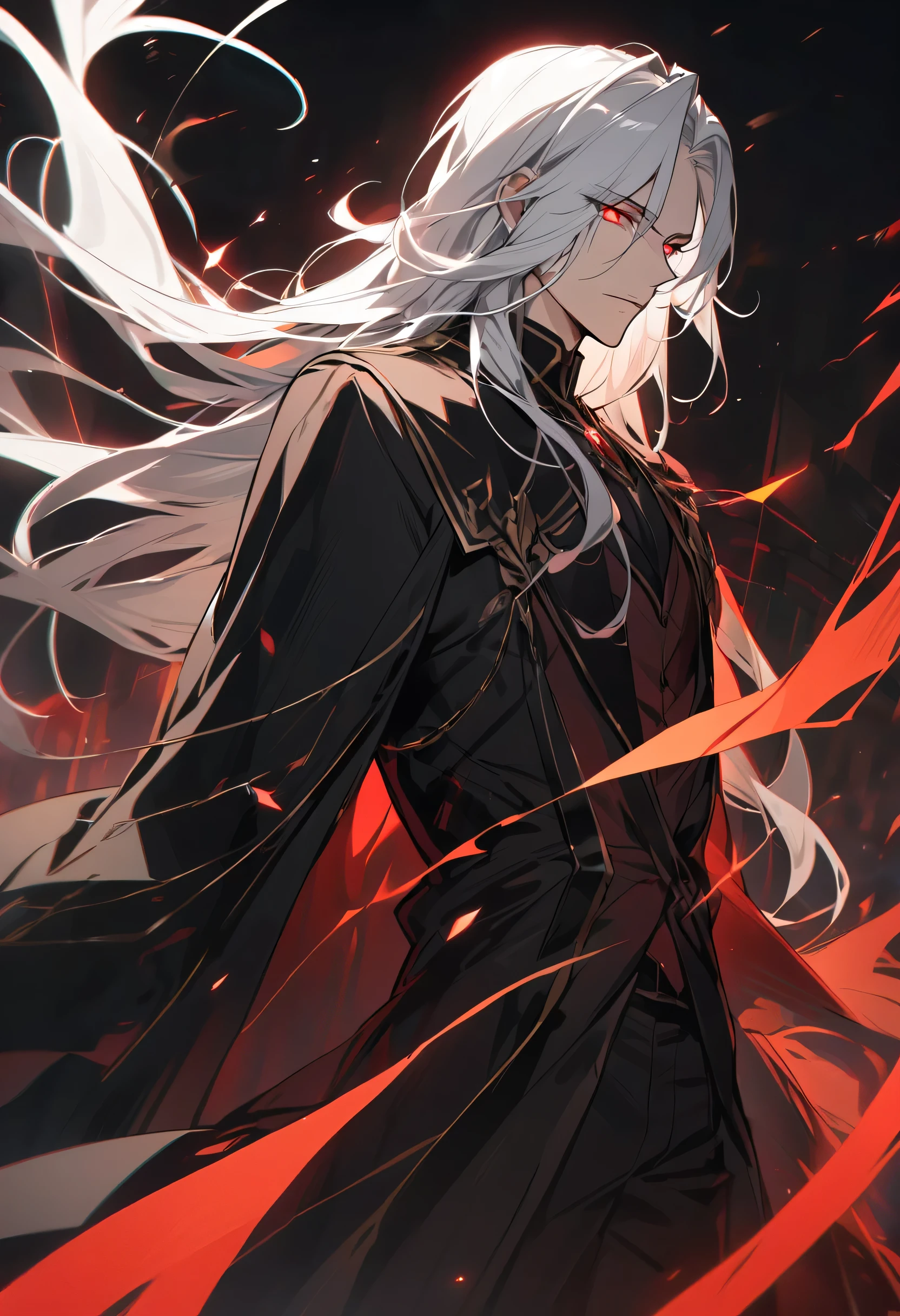 Man, red eyes, white hair, long hair, black cloak, glowing eyes, handsome, young