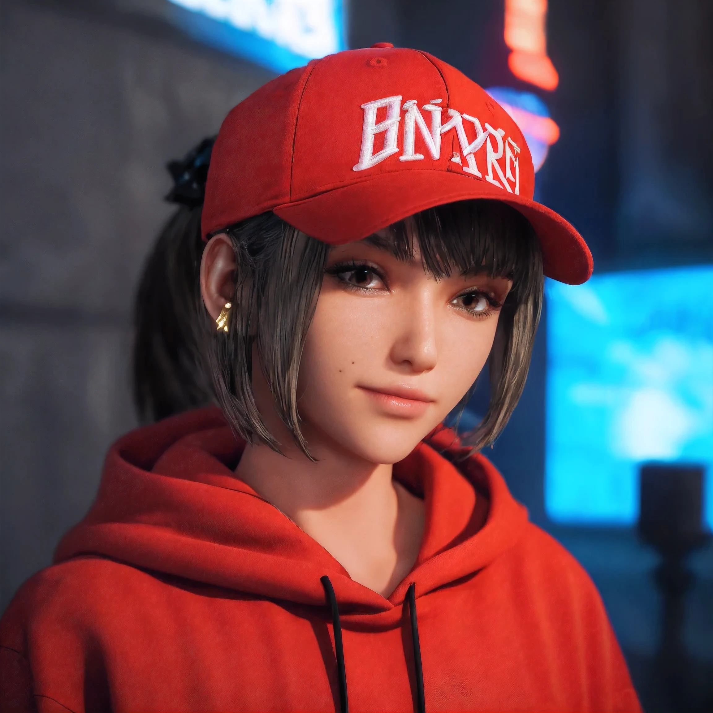 (masterpiece), best quality, expressive eyes, frontal pose, smile closed, perfect face,portrait face , Brown eyes, Eve, Short bob haircut, Stellar blade, Fringe hair, Athletic body, Ponytail hair, unreal engine skin:0.3,blushing cheeks:1.4, tight breast, looking at viewer,, cyberpunk bedroom, night, neon glow spothlighs in the walls, (snapback hat, Red hoodie hip hop clothes), high eyes details,