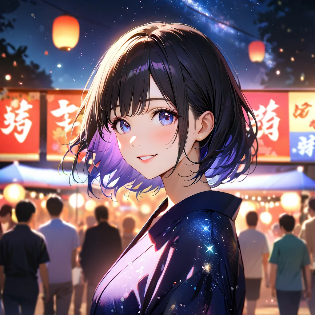 Young woman enjoying the summer festival,night, Starry Sky,yukata,Gazing at the sky,Blur the background,high school girl,smile,Glitter effect,Highest quality, 8k, High resolution, masterpiece:1.2, Very detailed, Realistic:1.37, High resolution, 超High resolution, Ultra-fine painting, Very detailed, Professional, Vibrant colors、Front facing