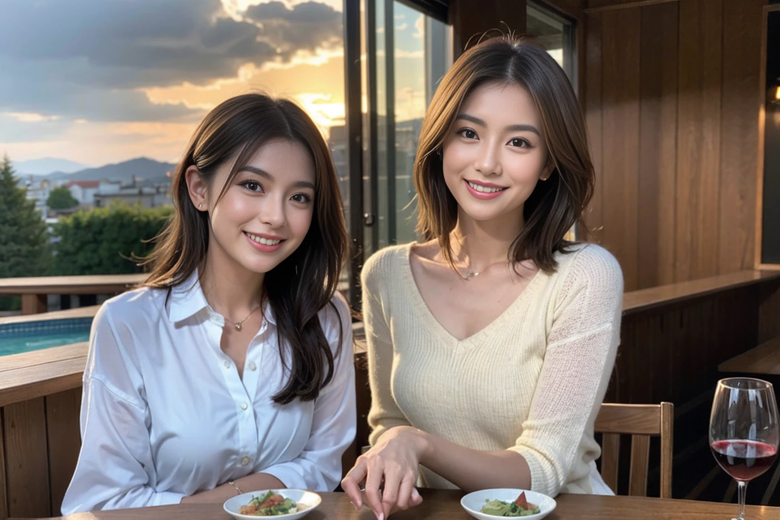 (Realistic:1.1),(masterpiece,Highest quality),8k,(44 years old), 47 years old, slimカップル、Model Couple、actress/actor、Tight waist,Upper Body,full-course dinner、wine 、Amazing view of the sunset sky and clouds、Perfect Anatomy, Brown Hair, short hair,Random Hairstyles,((Highly detailed face and eyes:1.2))(cute顔:1.4),美しいactressの顔,Perfect golden ratio face,Long sleeve shirt、dress,(smile:1.2)、Shortcuts、cute、(Realistic, Intricate details:1.2), A bright smile、short hair,Bright Face、赤wine 、Appetizers、Italian food、wine bottle、Champagne、スパークリングwine、(slimな顔), (The body is slim), (Brown Hair), (Shortcuts), Upper Body, 白wine, slim, wineグラス,