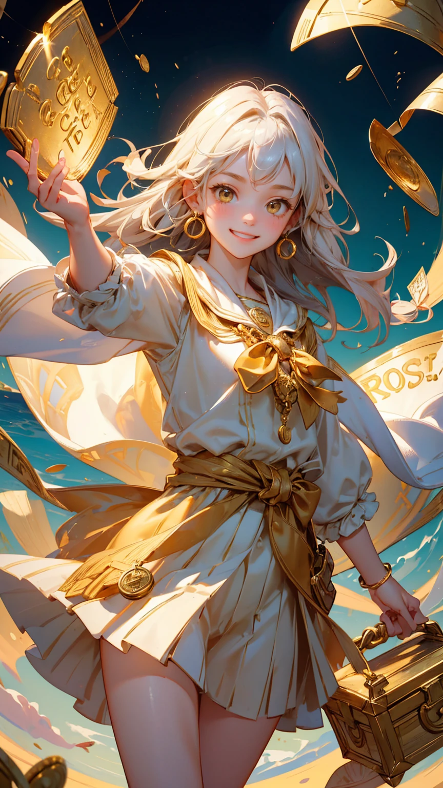 A cute girl happy enjoy face emotion, an open treasure chest, holding up gold coins  with happy enjoy face emotion, holding up a net to catch gold coins in the air with his hand,  treasure box with "KYC" text on it, golden ingots floating around him. sliver sea background with coins around,