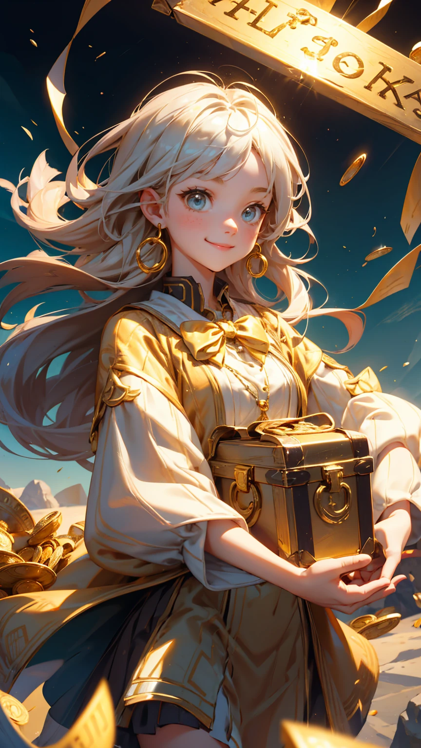 A cute girl happy enjoy face emotion, an open treasure chest, holding up gold coins with happy enjoy face emotion, holding up a net to catch gold coins in the air with his hand, treasure box with "KYC" text on it, golden ingots floating around him. sliver sea background with coins around,