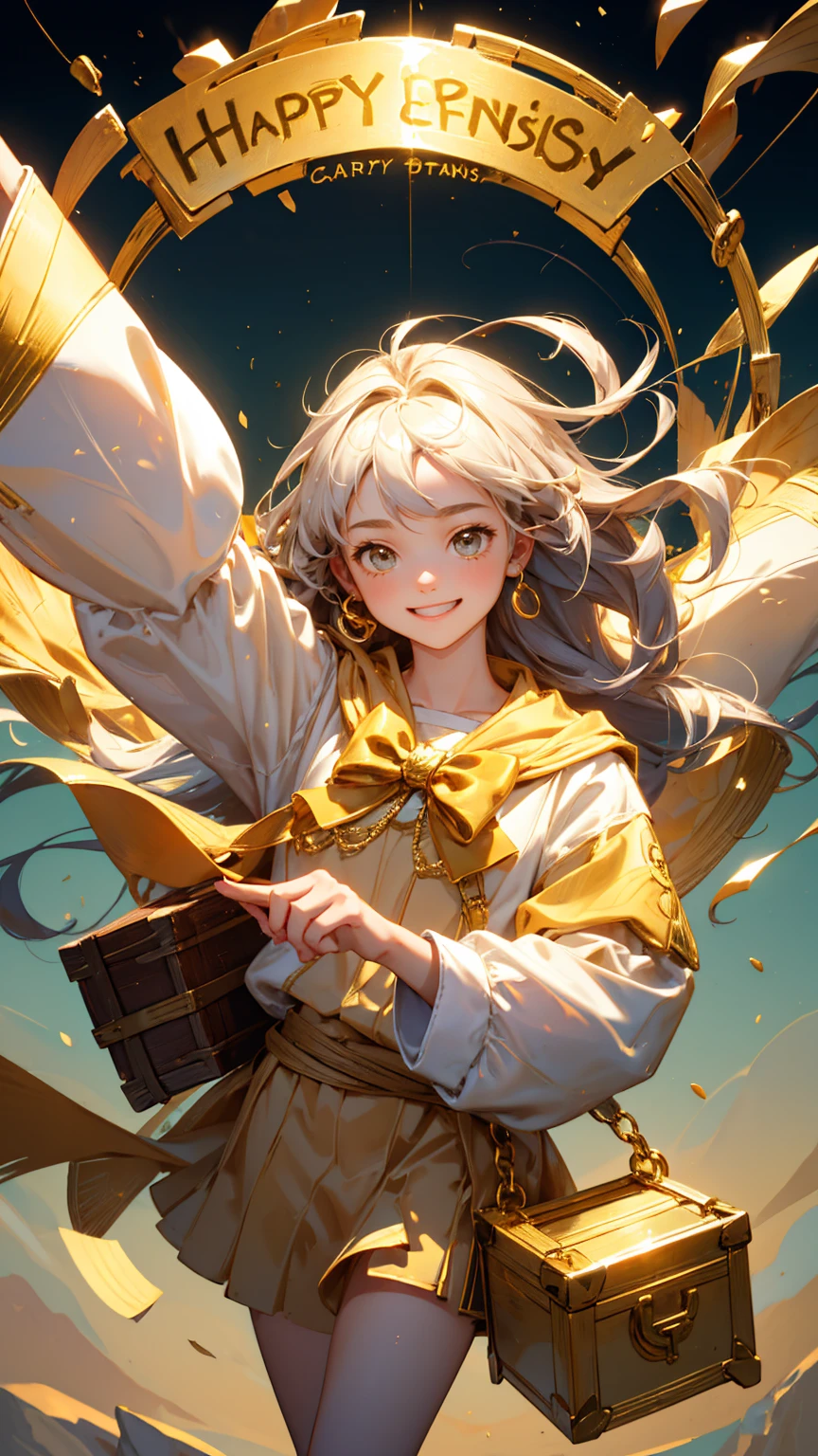 A cute girl happy enjoy face emotion, an open treasure chest, holding up gold coins with happy enjoy face emotion, holding up a net to catch gold coins in the air with his hand, treasure box with "KYC" text on it, golden ingots floating around him. sliver sea background with coins around,