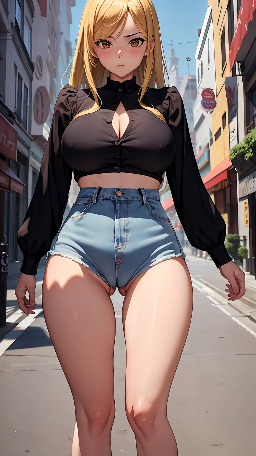 1girl, anime girl, anime, (dark skin), 2d girl, 18y, (fullbody), standing, anime girl, pensive, (blonde hair), ((black blouse)), Solo, Slim, large breasts, big , big Breasts, Tight Shorts, low waist shorts, upshorts, skyscrapers background, modern city, looking at viewer, darker shadows, (((Wedgie))), (((explicit))), (((shorts))), (((absurdres))), (((thigh gap))), (((cameltoe))), (((cleft of venus))), (((lowleg shorts))), (((innie pussy))), (((inniepussy))), (((innie_pussy)))
