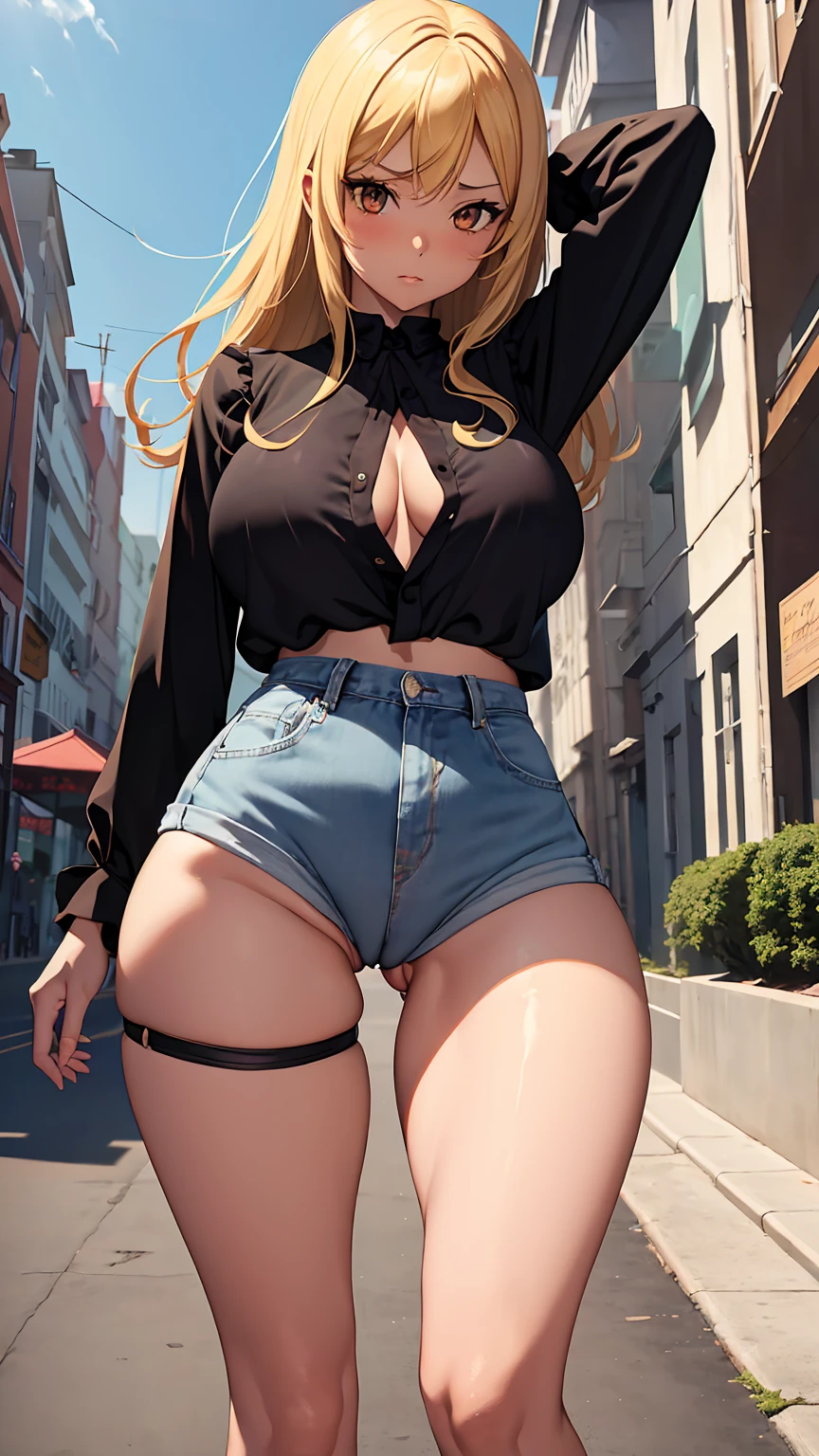 1girl, anime girl, anime, (dark skin), 2d girl, 18y, (fullbody), standing, anime girl, pensive, (blonde hair), ((black blouse)), Solo, Slim, large , big , big Bre Shorts, low waist shorts, upshorts, skyscrapers background, modern city, looking at viewer, darker shadows, (((Wedgie))), (((explicit))), (((shorts))), (((absurdres))), (((thigh gap))), (((cameltoe))), (((cleft of venus))), (((lowleg shorts))), (((innie pussy))), (((innie))), (((innie_pussy)))