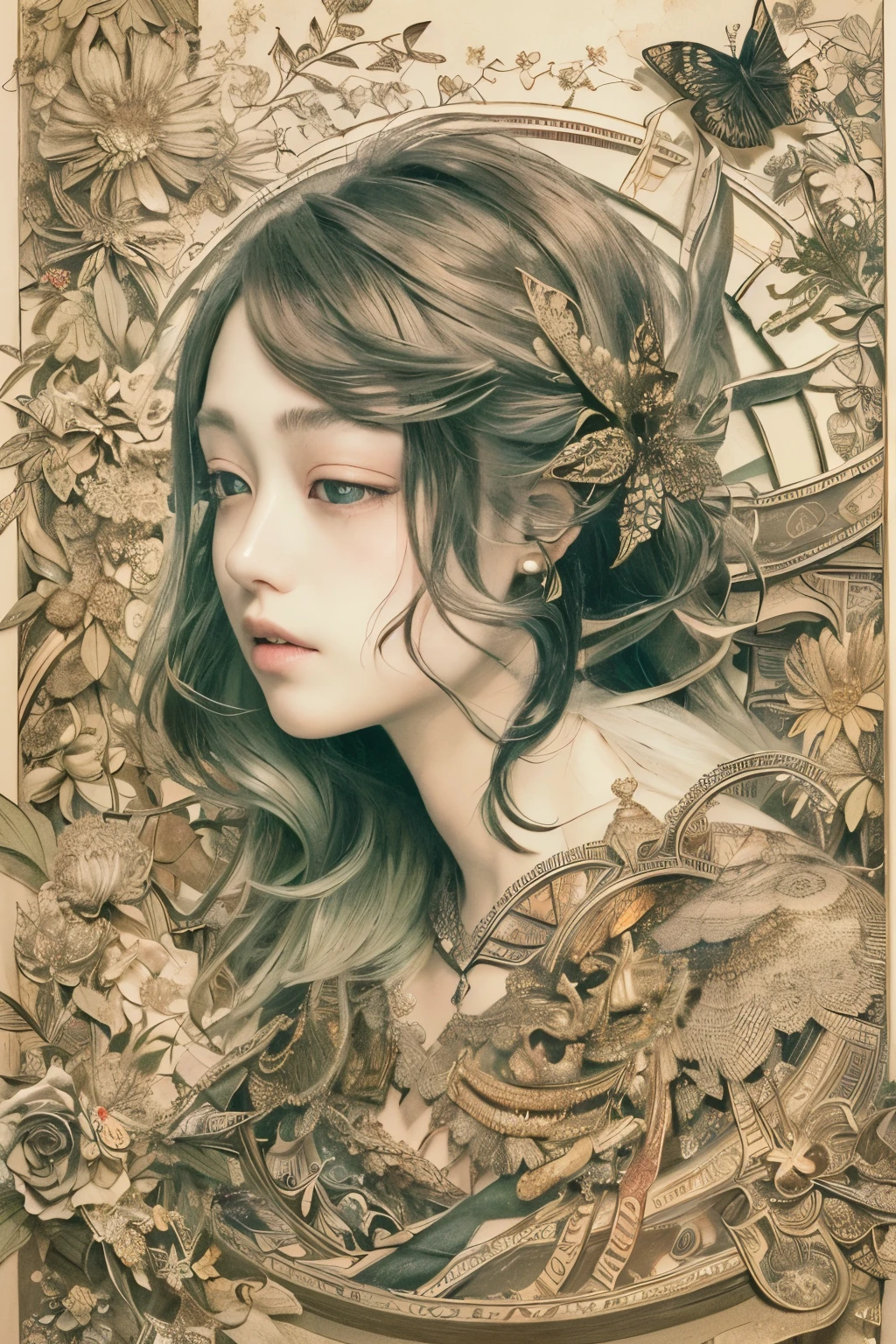 ((((masterpiece))), tattoo、Highest quality, An illustration, Beautiful details shine,
paper_cut, The details of a fragile girl's face captured on camera, wood, moon, butterfly,Wind、star、spider、Ladybug、centipede
