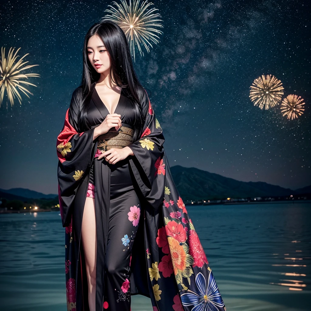 Long Black Hair、Gorgeous kimono、tall、Good looking、summer night、Starry Sky、firework