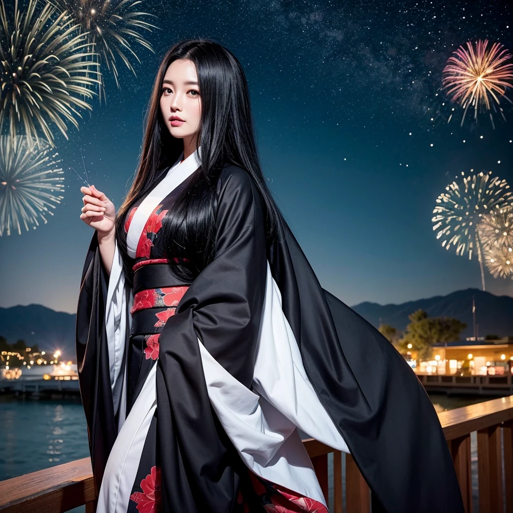 Long Black Hair、Gorgeous kimono、tall、Good looking、summer night、Starry Sky、firework