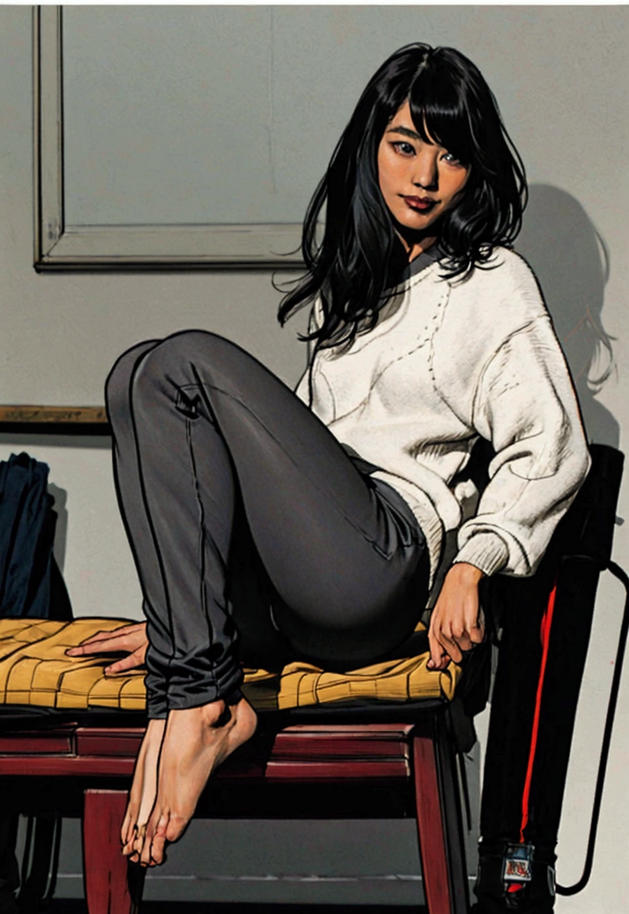 beautiful girl, beautiful American Chinese girl, with bangs, medium length hair, 19 years, barely smiles, home clothes: gray long sweater, longpants, black trousers; DC comic style image, color image