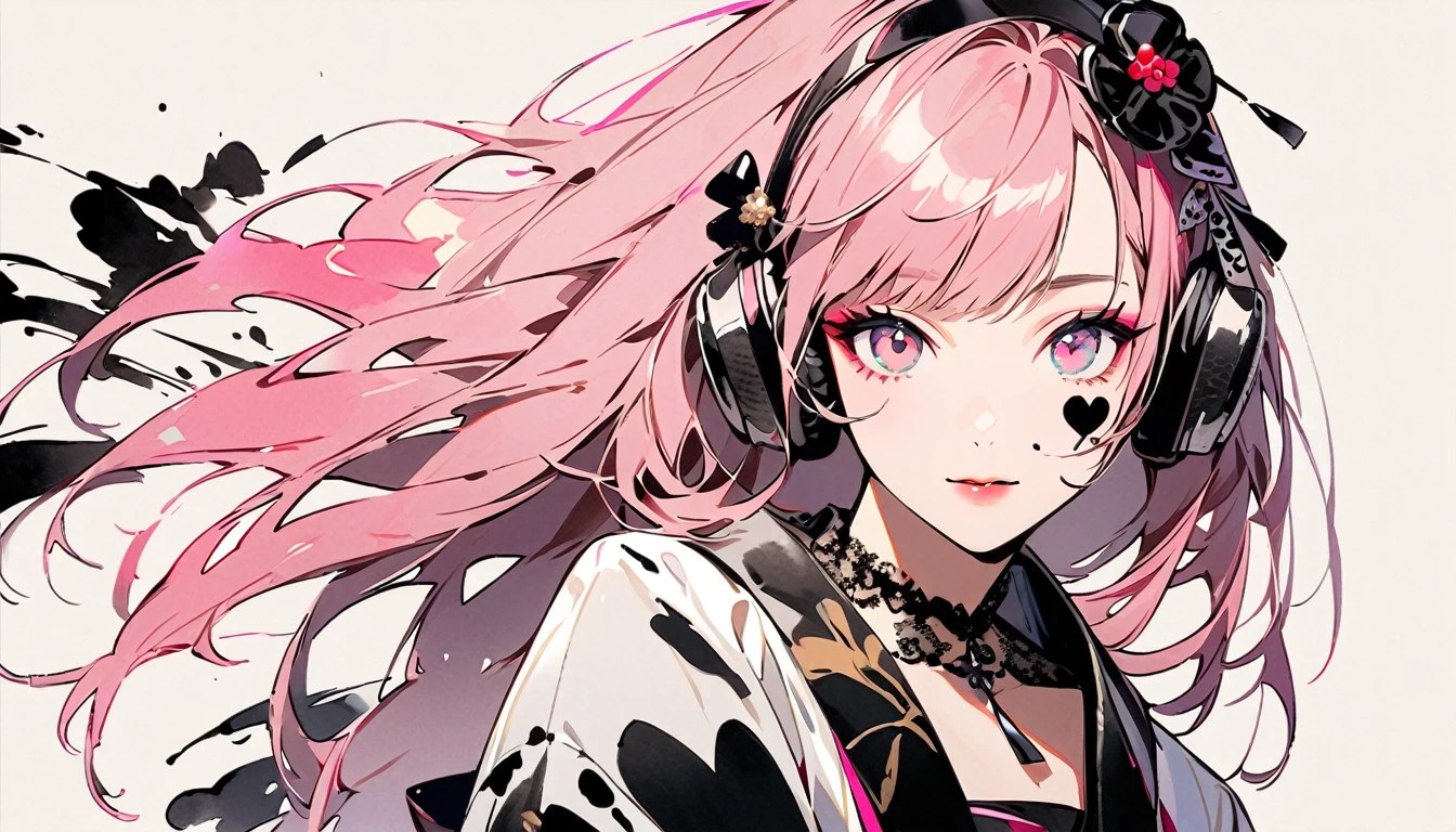 (((Ink Painting))), Fashion portrait color photos, (((1 girl))), (((Heart tattoo on face))), (((Gorgeous hair accessories))), Japanese style headphones, Japanese beautiful girl, pink Hair