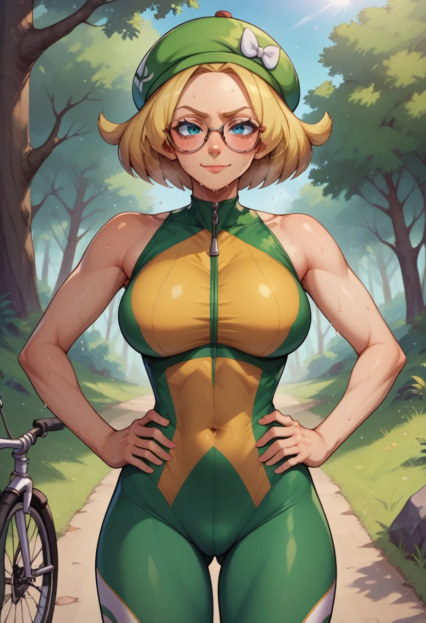 score_9, score_8_up, score_7_up, score_6_up, BREAK Bianca from pokemon, wearing bicycle outfit, big breasts, seductive smirk, hands holding own hips, sweating, in a forest, blonde hair, glasses