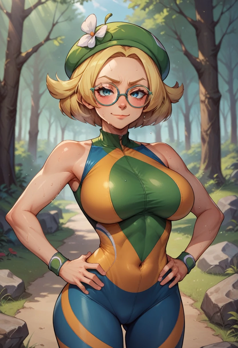 score_9, score_8_up, score_7_up, score_6_up, BREAK Bianca from pokemon, wearing bicycle outfit, big breasts, seductive smirk, hands holding own hips, sweating, in a forest, blonde hair, glasses