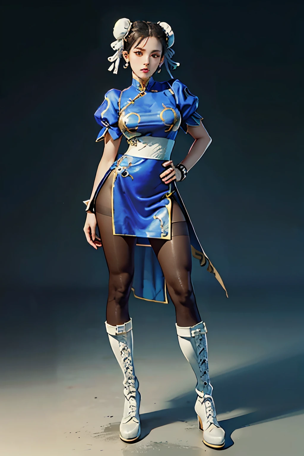 (RAW shooting, Photoreal:1.5, 8k, highest quality, masterpiece, ultra high resolution), perfect dynamic composition:1.2, Highly detailed skin and facial textures:1.2, chunli:1, beautiful and aesthetic:1.2, sexy beauty, perfect style, belief, Strong-willed, revenge, Fair skin, very beautiful face, (wearing a sexy china dress:1.2), (beautiful eyes, Eyes that feel beautiful eros:1.0), (Too erotic:0.9, Bewitching:0.9), (full body photo:1.4), (perfect limbs:1.2), (perfect fingers:1.2),(Bun head,bun cover,boots, bracelet, brown pantyhose, chinese clothes, cross-laced footwear, dress, gold trim, jewelry, pantyhose, pelvic curtain, puffy sleeves, sash, short sleeves, side slit, spiked bracelet, spikes and white footwear,large breast:2,chest gap),(simple background:1.4),(knees together),(standing:1.4),