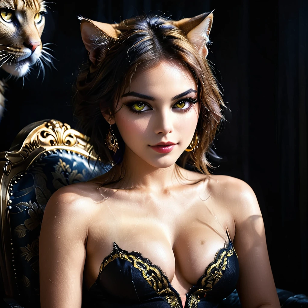 masterpiece, wallpaper, detailed image of yellow feline eyes, feline woman, beautiful face, cat, woman, sensual body, sitting on a throne, flirtatious smile, sitting proud, staring, big eyes, dark background, black background, between the shadows, face. makeup face ornaments, detailed face, real face. dark background with a flash of light indicating the throne. sensual legs