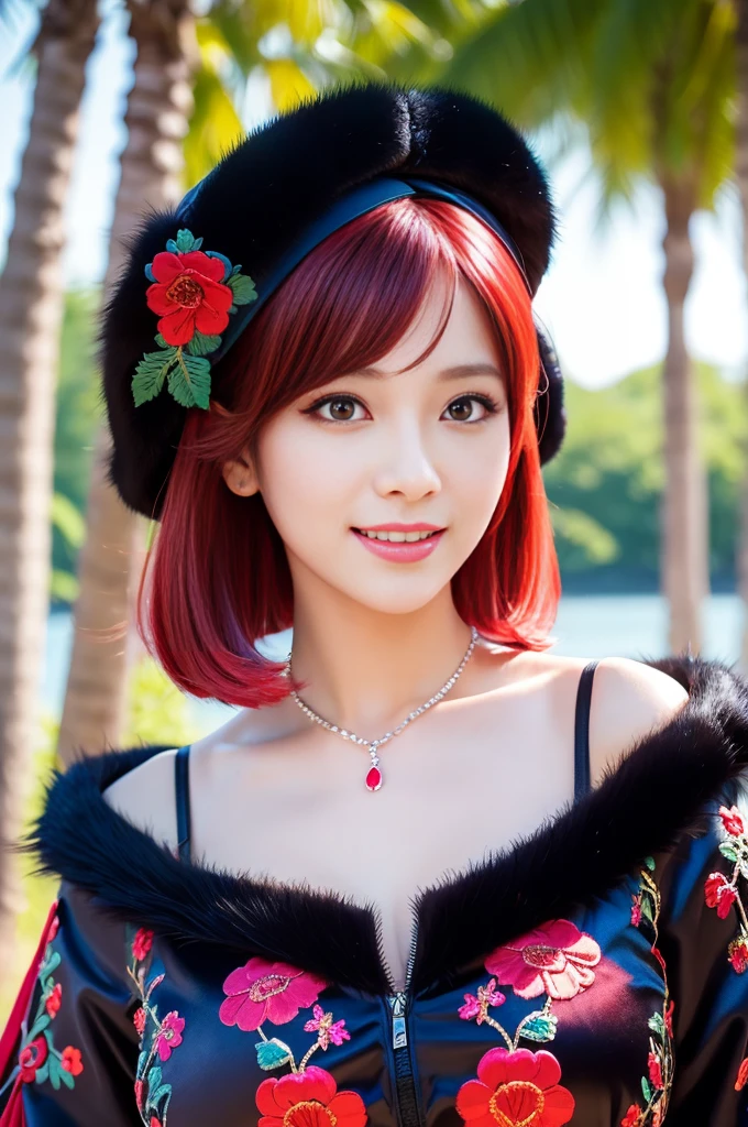 (masterpiece:1.4), (best quality:1.4), ultra high res, ultra high resolution, ((detailed facial features)), HDR, (realistic, photorealistic, photo-realistic:1.37), full body, sexy Vietnamese model, (-anime), only 1 model, vivid colors, very short hair, (beautiful smile), lip-gloss, long lashes, defined eyebrows, wearing large sparkling colorful jewelery, wearing a red silk Paradise Kiss cosplay dress with black floral embroidery, ((long fur vivid colors outfit)), vivid colors, look at the camera, cinematic light, large park background with trees, sweet and sexy pose