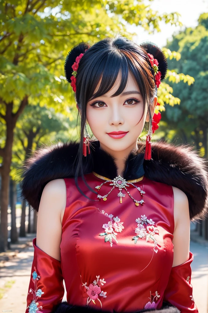 (masterpiece:1.4), (best quality:1.4), ultra high res, ultra high resolution, ((detailed facial features)), HDR, (realistic, photorealistic, photo-realistic:1.37), full body, sexy Vietnamese model, (-anime), only 1 model, vivid colors, very short hair, (beautiful smile), lip-gloss, long lashes, defined eyebrows, wearing large sparkling colorful jewelery, wearing a red silk Paradise Kiss cosplay dress with black floral embroidery, ((long fur vivid colors outfit)), vivid colors, look at the camera, cinematic light, large park background with trees, sweet and sexy pose