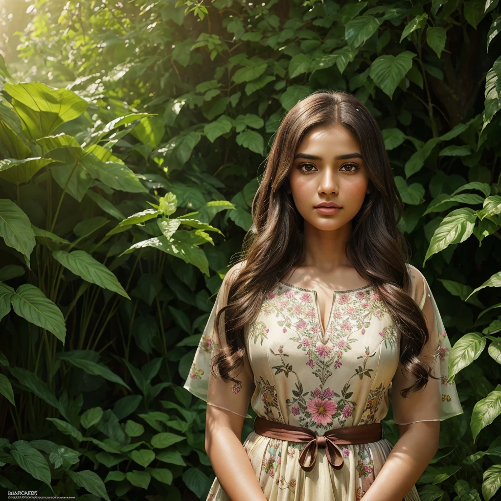 a young girl in a garden, surprised expression, riya standing behind her, detailed face, beautiful eyes, detailed lips, flowing hair, elegant dress, intricate floral patterns, sunlight streaming through trees, lush greenery, photorealistic, masterpiece, cinematic lighting, vibrant colors, fantasy, digital art