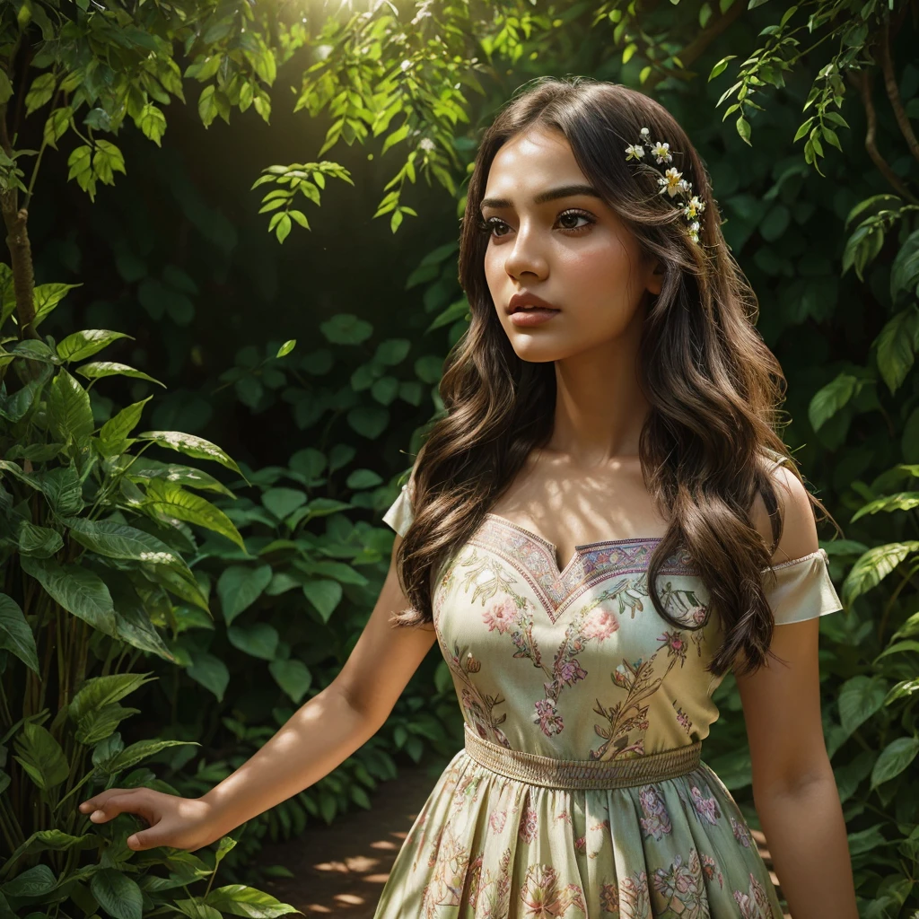 a young girl in a garden, surprised expression, riya standing behind her, detailed face, beautiful eyes, detailed lips, flowing hair, elegant dress, intricate floral patterns, sunlight streaming through trees, lush greenery, photorealistic, masterpiece, cinematic lighting, vibrant colors, fantasy, digital art
