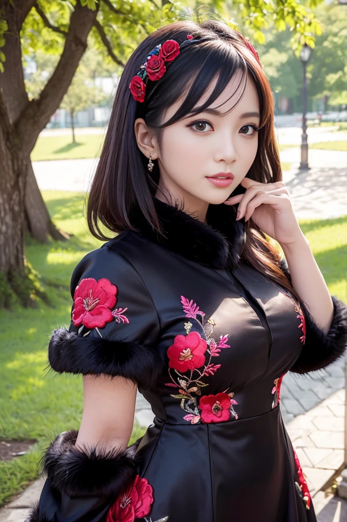 (masterpiece:1.4), (best quality:1.4), ultra high res, ultra high resolution, ((detailed facial features)), HDR, (realistic, photorealistic, photo-realistic:1.37), full body, sexy Vietnamese model, (-anime), only 1 model, vivid colors, very short hair, (beautiful smile), lip-gloss, long lashes, defined eyebrows, wearing large sparkling colorful jewelery, wearing a red silk Paradise Kiss cosplay dress with black floral embroidery, ((long fur vivid colors outfit)), vivid colors, look at the camera, cinematic light, large park background with trees, sweet and sexy pose