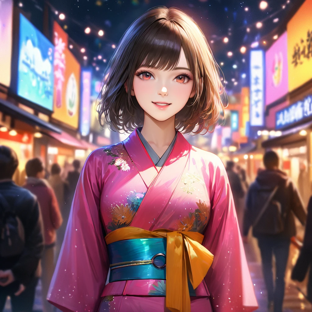 young woman,In town,yukata,,Blur the background,high school girl,smile,Glitter effect,Highest quality, 8k, High resolution, masterpiece:1.2, Very detailed, Realistic:1.37, High resolution, 超High resolution, Ultra-fine painting, Very detailed, Professional, Vibrant colors、Front facing