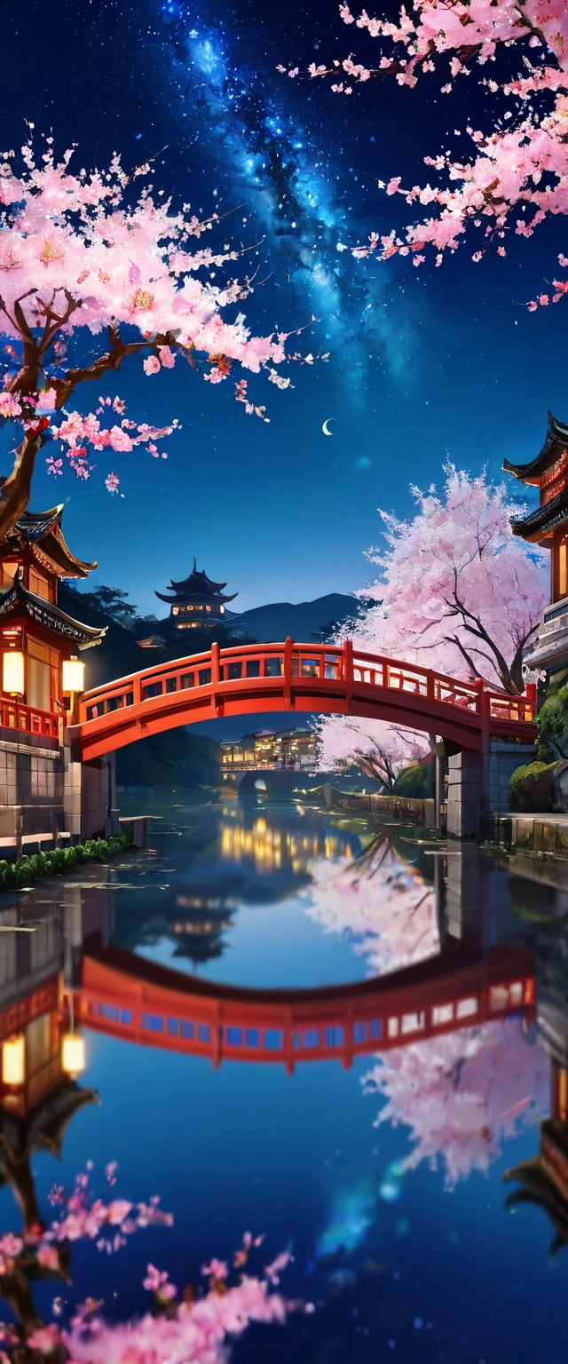 (masterpiece, best quality:1.2), (\sai bo gu feng\), landscape, no humans, tree, Sky, night, Star \(Sky\), Outdoor sports, architecture, night Sky, east asian architecture, reflection, Starry Sky, building, water, bridge, Cherry blossoms, railing,