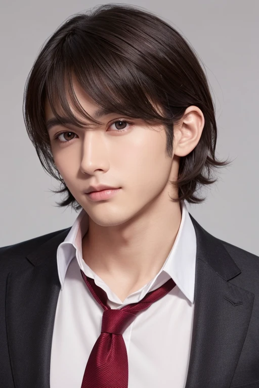1 adult male、Dark brown short-haired、Or lightly wavy hair、Sharp eyes and a unique, gentle expression、High nose and firm chin、Healthy Skin、No beard, stylish black suit、Wear a white shirt underneath、Red tie、Or a cool look without a tie, looking confidently at the camera、Put one hand in your pocket、A pose in which the other hand is raised slightly、A soft smile, biologically accurate、High resolution, Simple Background, accurate, High detail, Anatomically correct,