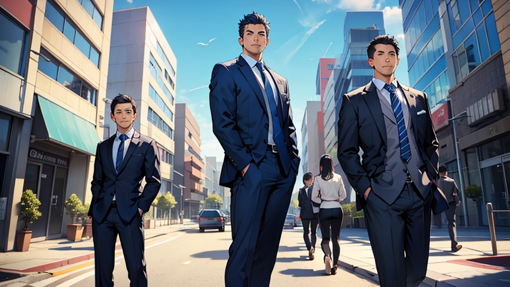 Guts pose with both hands Man in suit blue sky company employee office Street