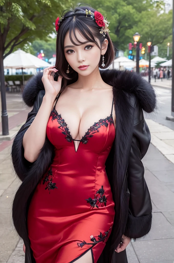 (masterpiece:1.4), (best quality:1.4), ultra high res, ultra high resolution, ((detailed facial features)), HDR, (realistic, photorealistic, photo-realistic:1.37), full body, sexy Vietnamese model, (-anime), only 1 model, vivid colors, very short hair, (beautiful smile), lip-gloss, long lashes, defined eyebrows, wearing large sparkling colorful jewelery, wearing a red silk Paradise Kiss cosplay dress with black floral embroidery, ((long fur vivid colors outfit)), vivid colors, look at the camera, cinematic light, large park background with trees, sweet and sexy pose