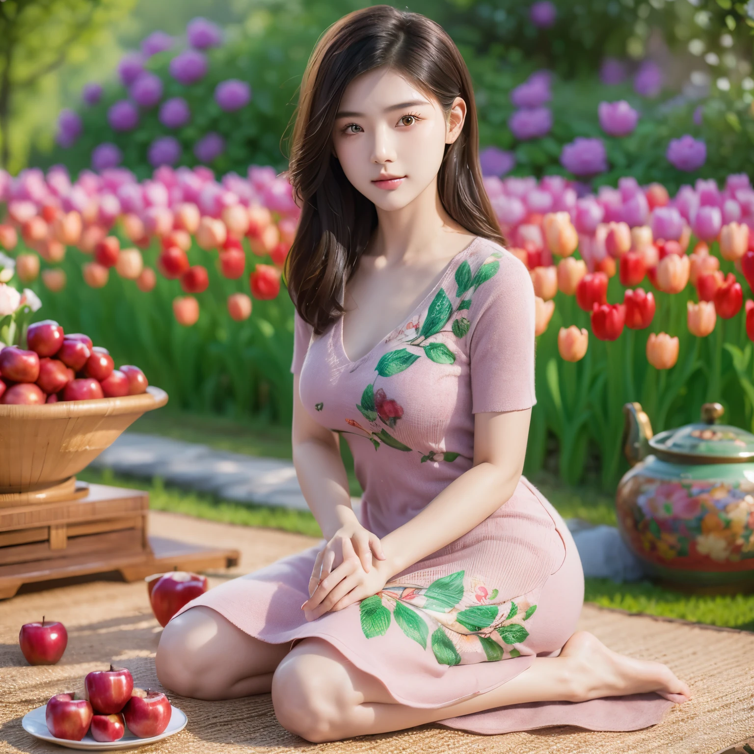 realistic photo, 18 year old Chinese woman, plate of apples, tulips background.