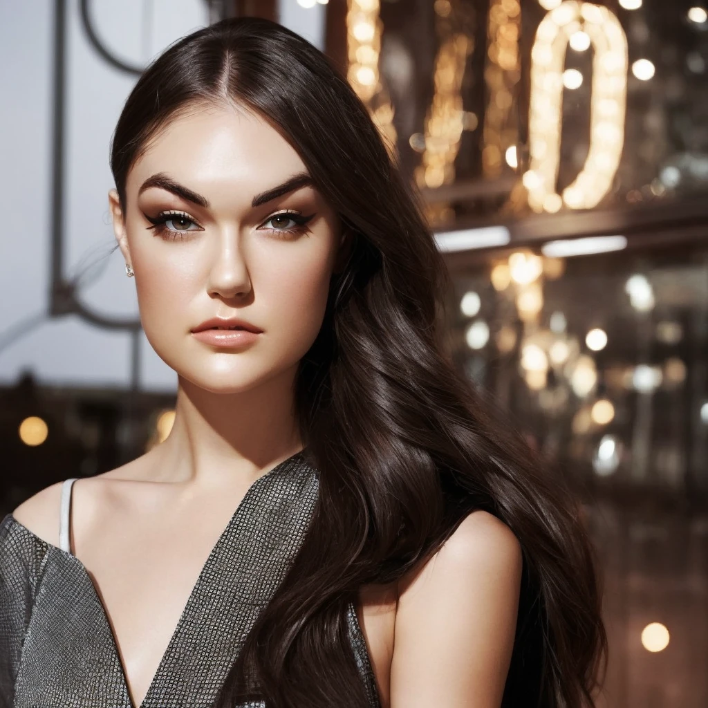 sasha grey as classy top model wearing Balenciaga, magical, crisp, smooth, attractive look; design centered around the model's eyes, classy and elegant, fashion background