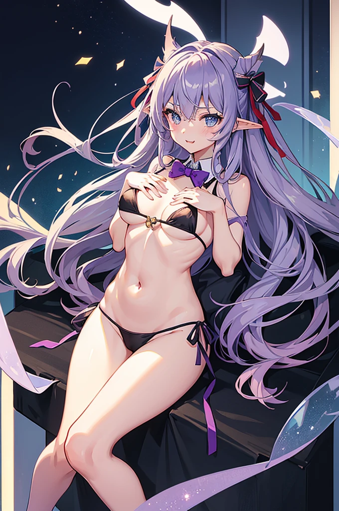 Long Hair, chest, View your viewers, blush, smile, Open your mouth, bangs, blue eyes, （Multiple Girls）, 大きなchest, Knee socks, gloves, ribbon, belly button, chestの谷間, Green Eyes, Purple eyes, Transparent swimsuit, whole body, , Purple Hair, Gray Hair, 巨大なchest (巨大なchest: 1.8), Green Hair, horn, Pointed Ears, Black gloves, Elbow gloves, Blunt bangs, bow tie, Raise your arms, (Four Girls), - Detachable collar, (Side tie bikini bottom), (Transparent micro bikini), (（White tiny micro bikini）), wave hands