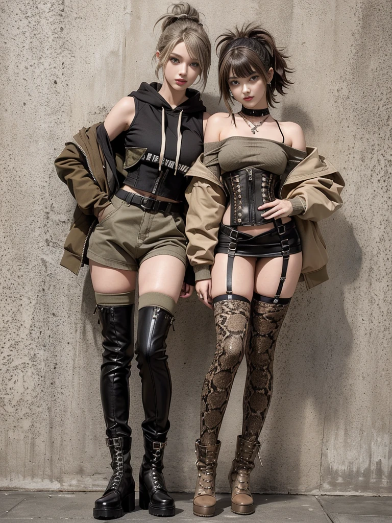 (Full Body View:1.2)、(Smiling with teeth showing:1.3),(Shibuya Gal:1.5)、(Beautiful:1.5)、(Neo-goth fashion:1.5)、(Punk RockVisual Kei:1.5)、(An off-the-shoulder hoodie in khaki and brown with delicate silver accessories.:1.5)、(A corset with a delicate beige and brown design:1.4)、(Dark grey, khaki and brown snakeskin bodysuit:1.5)、(Snake print headband:1.3)、(Beige and charcoal knee socks:1.4)、Embellished collar and long boots、(I&#39;m selling snake print underwear.:1.4)、(Long eyelashes:1.3)、(20-year-old)、((Highest quality、8k、masterpiece:1.3))、1 Female、Slim and beautiful abs:1.3、(hairstyle casual、Beautiful boobs:1.1)、(Doing an aerobics pose:1.3)、dress:1.1、Super small face、Narrow eyes、double eyelid、A sloppy smile、Esbian all over body、Dynamic Angle、Close-up、CPL Filter、Blurred Background、Bokeh、Blue Hour、Detailed face and skin texture、Detailed eyes、,(Twin tails:1.3)、(Brown-golden hair:1.3)、Gravure idol、(The background is a glamorous dance hall:1.3)、(Make your legs thinner:1.4)、(Slim Body:1.3)、(clavicle:1.1)