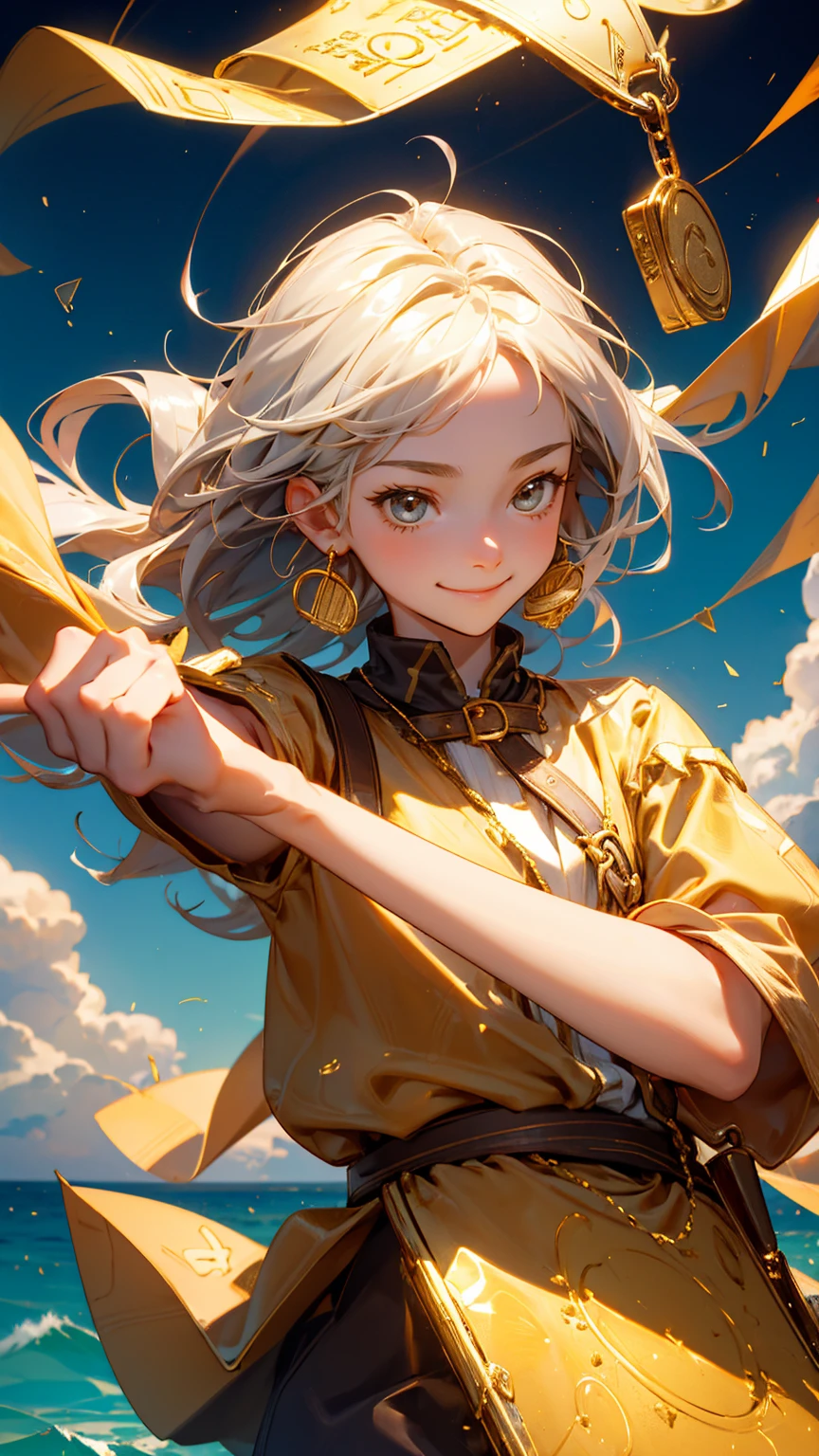 A cute girl happy enjoy face emotion, an open treasure chest, holding up gold coins with happy enjoy face emotion, holding up a net to catch gold coins in the air with his hand, open treasure box with "KYC" text on it, golden ingots floating around him. sliver sea background with coins around,