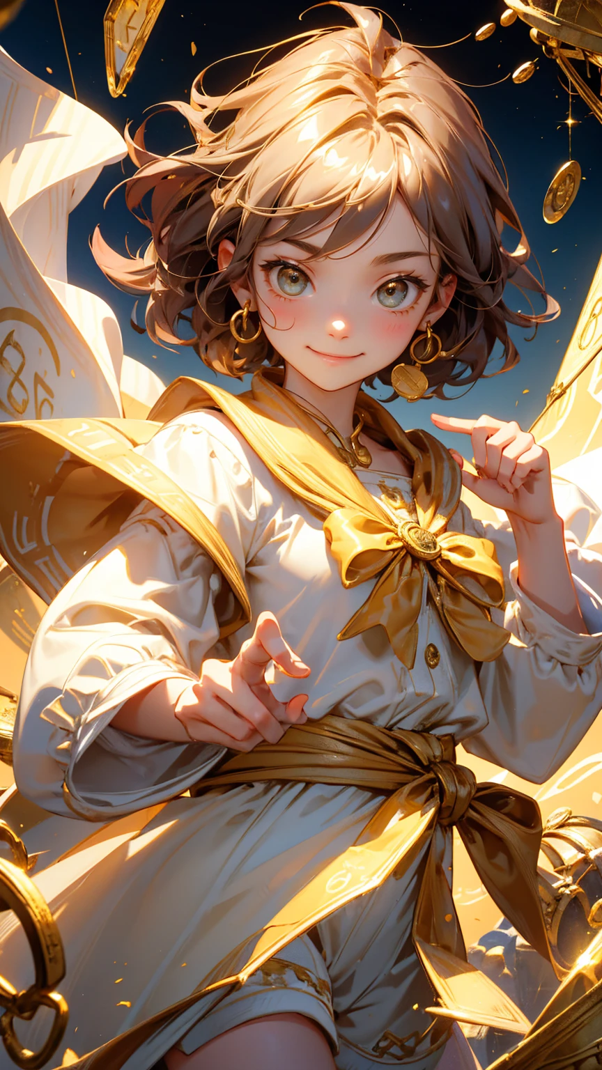 A cute girl happy enjoy face emotion, an open treasure chest, holding up gold coins with happy enjoy face emotion, holding up a net to catch gold coins in the air with his hand, open treasure box with "KYC" text on it, golden ingots floating around him. sliver sea background with coins around,